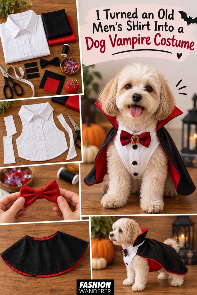 Vertical Pinterest collage titled &ldquo;I Turned an Old Men&rsquo;s Shirt Into a Dog Vampire Costume,&rdquo; featuring the finished dog costume, old white shirt, trimmed vest, red bow tie, black cape, and Halloween styling.