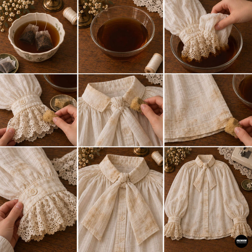 Tutorial showing tea used to age a white Victorian blouse, with lace cuffs dipped in tea and a sponge applying subtle brown staining to the collar, sleeves, and hem.
