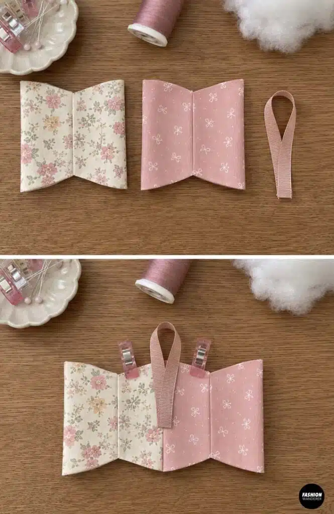 Pink bow-print and cream floral fabric pieces folded into bow shapes beside a pink ribbon loop, then clipped together with the hanging loop positioned between the layers.