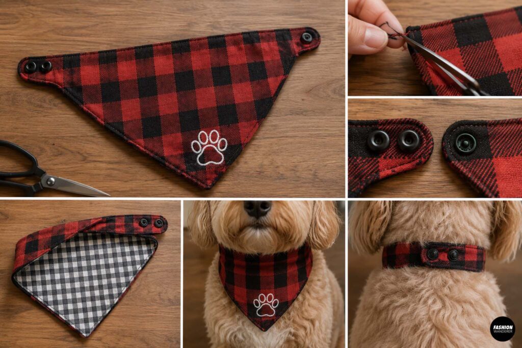 Step-by-step collage showing adjustable snaps being marked and installed on the tie ends of a red buffalo plaid dog bandana using snap-setting pliers, plus the finished bandana worn by a small dog.