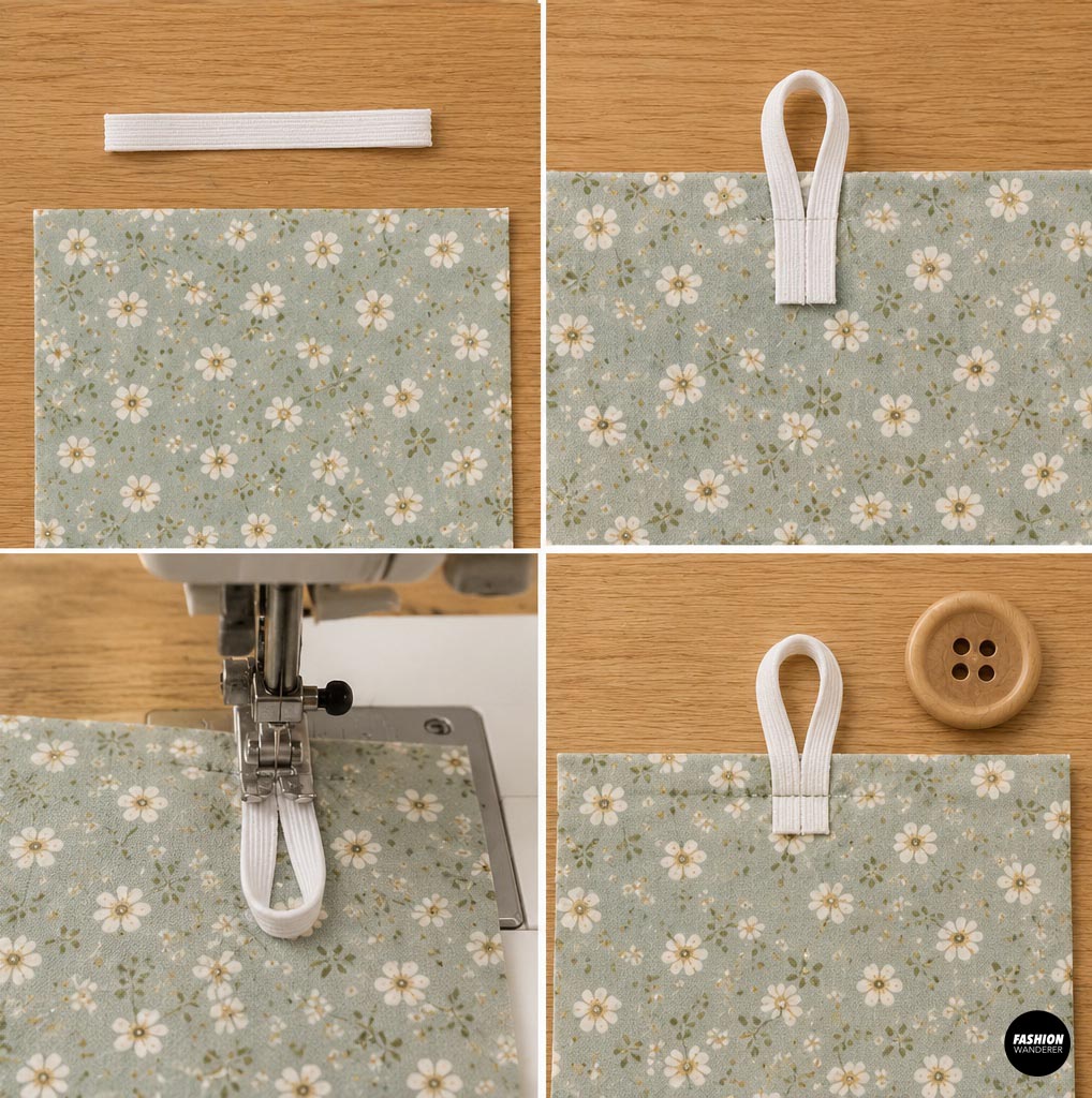 How to fold, position, and sew an elastic loop onto floral fabric for an optional button closure on a DIY book sleeve.