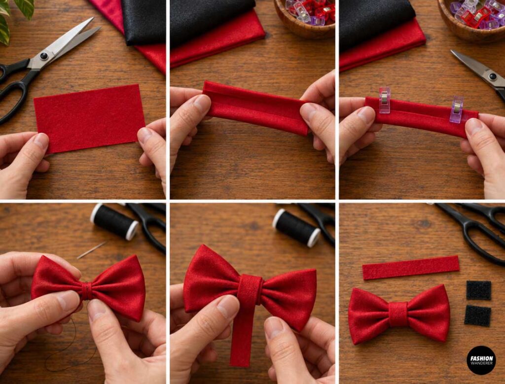Step-by-step collage showing red satin fabric folded, gathered, wrapped at the center, and finished as a small removable bow tie for a dog vampire costume.