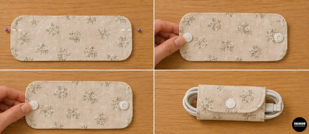 Step-by-step tutorial showing how to position and attach snap fasteners to a handmade floral fabric cord organizer.