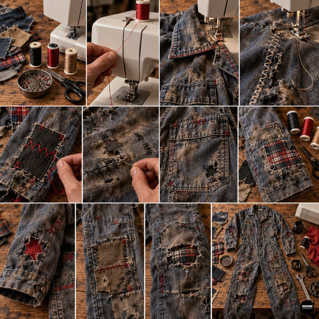 Zombie mechanic costume tutorial showing red, black, and tan contrast stitching added around patches, pockets, tears, and seams of a distressed gray jumpsuit.