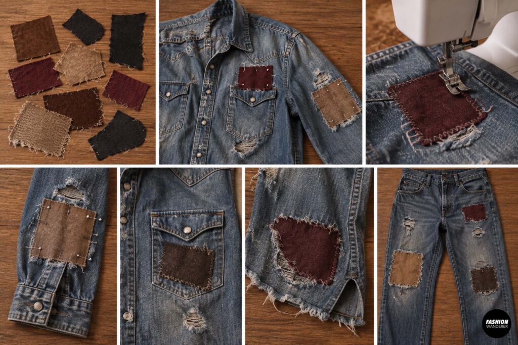 Rustic brown, burgundy, tan, and black fabric patches sewn onto distressed denim shirt and jeans for a DIY undead cowboy costume.