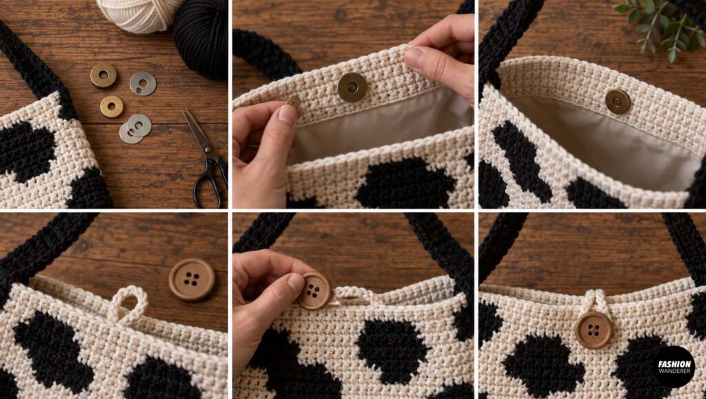 Crochet cow print shoulder bag tutorial showing options for adding a magnetic snap closure or a crochet loop with a wooden button.