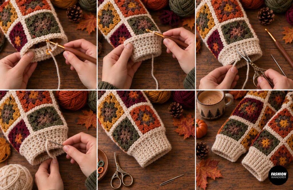Crochet cardigan tutorial collage showing cream yarn worked around the granny square sleeve opening to create a thick ribbed cuff and the finished matching cuffs.