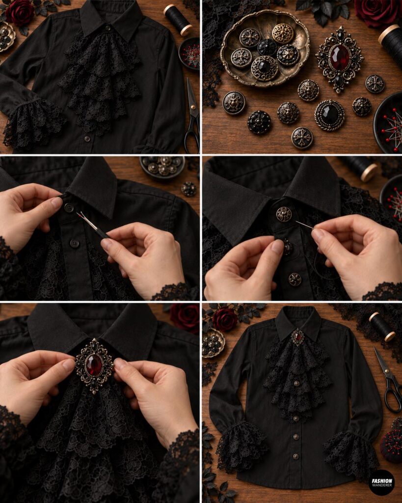 Vampire shirt embellishment tutorial showing decorative black and antique-style buttons being sewn onto a black shirt and an ornate red gemstone brooch added above the lace jabot.