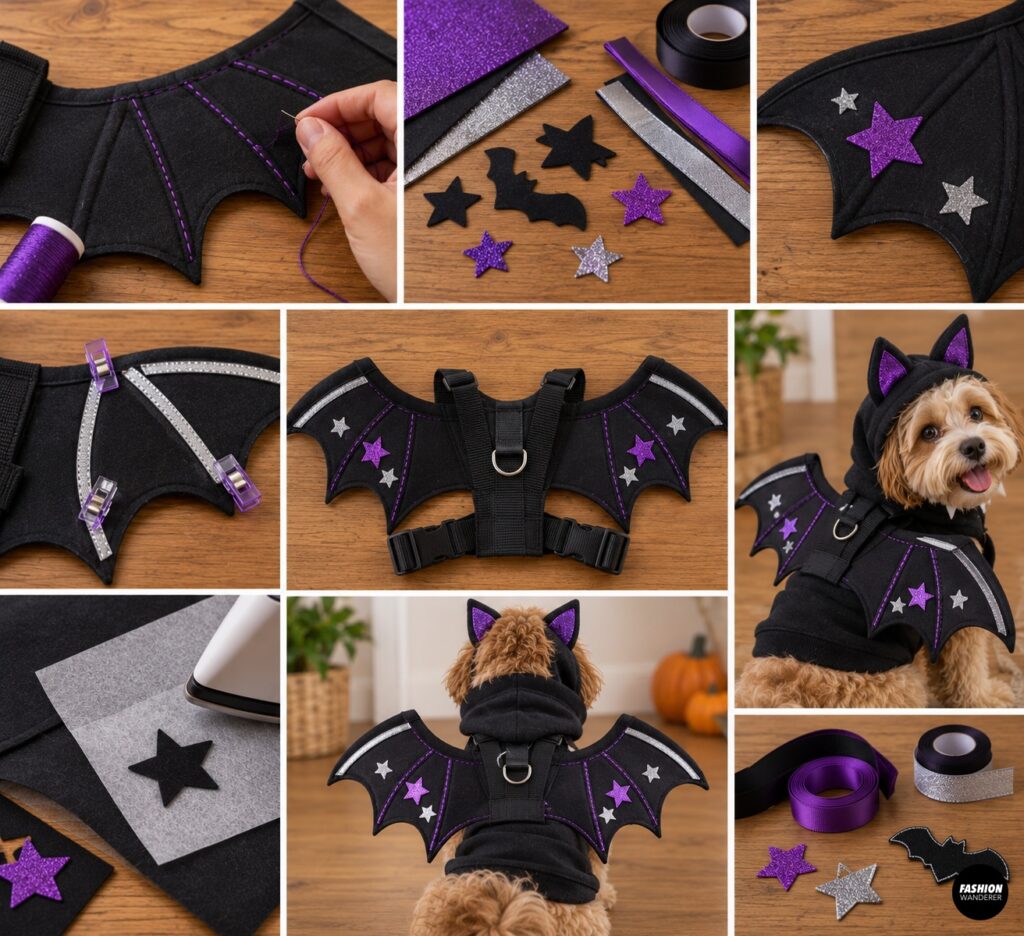 Collage showing purple hand stitching, glittery purple and silver stars, ribbon accents, and the finished decorated bat wing harness modeled by a small dog wearing a black hoodie.