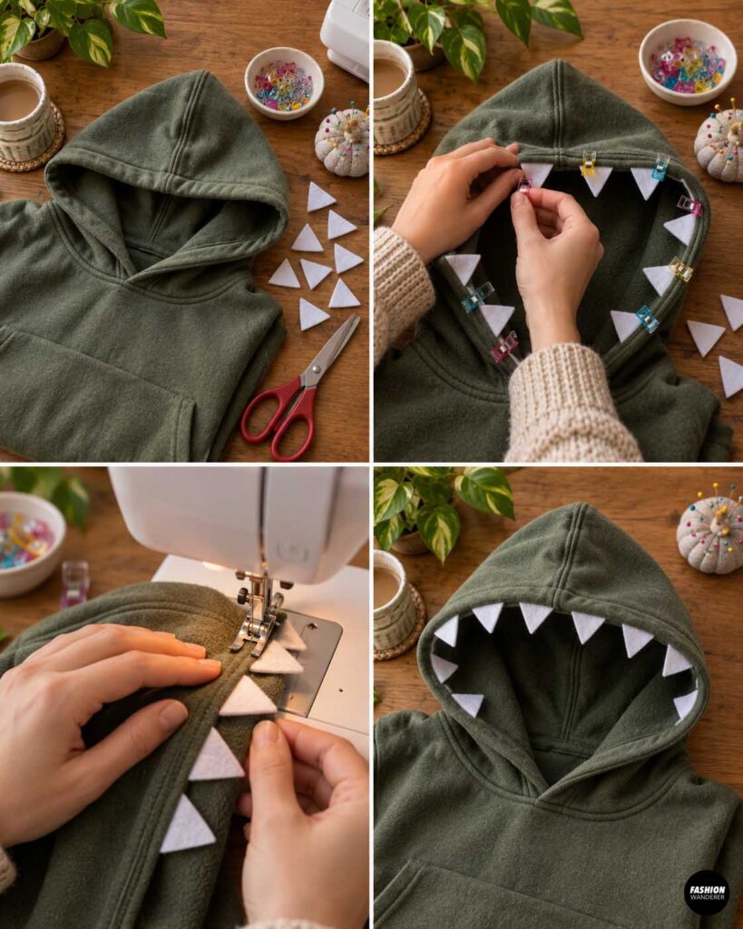Small white felt triangles are cut and clipped around the inside edge of the hood opening, then sewn in place to create a row of soft dinosaur teeth.
