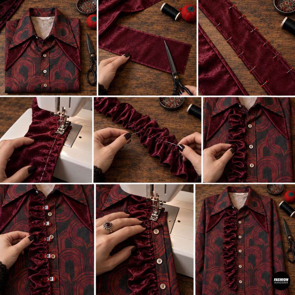 Step-by-step collage showing burgundy velvet gathered into a dramatic chest ruffle and sewn along the front button placket of a retro vampire shirt.