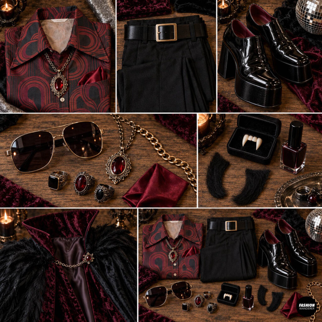 1970s vampire costume accessories including black flared pants, platform shoes, red gemstone jewelry, sunglasses, faux fangs, dark nail polish, cape, and burgundy pocket square.