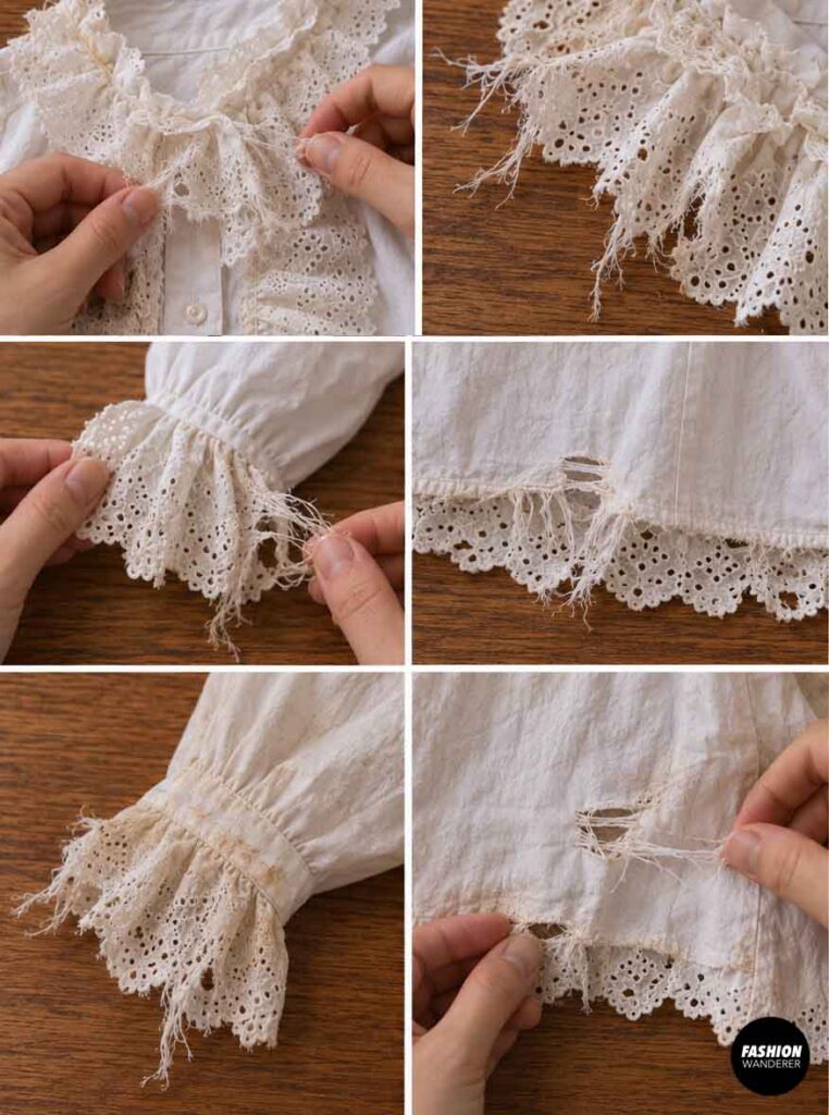 Close-up collage showing frayed lace, loose threads, worn cuffs, and small tears added to a white Victorian ghost blouse for an aged Halloween costume effect.