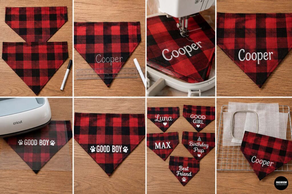 Collage showing ways to personalize a red buffalo plaid dog bandana with embroidery and heat-transfer designs, including a dog name, Good Boy, Good Girl, Birthday Pup, and Best Friend.