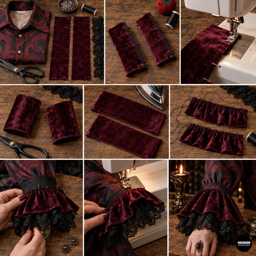 DIY vampire cuff tutorial showing burgundy velvet strips sewn, gathered, layered with black lace, and attached to the sleeves of a retro disco shirt.