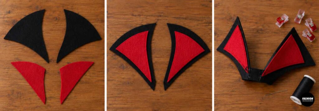Black and red triangular fabric pieces layered and sewn together to create a tall pointed vampire collar for a DIY dog Halloween costume.