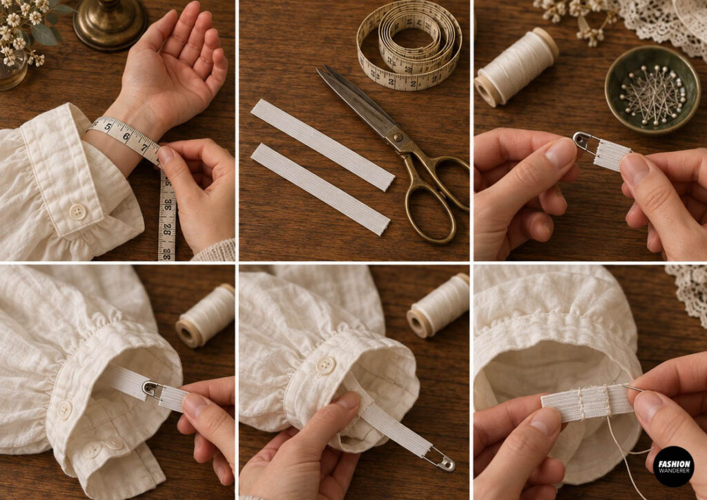 Step-by-step tutorial showing wrist measurement, elastic strips cut to size, threaded through the sleeve casing with a safety pin, and hand stitched to gather a white Victorian sleeve.