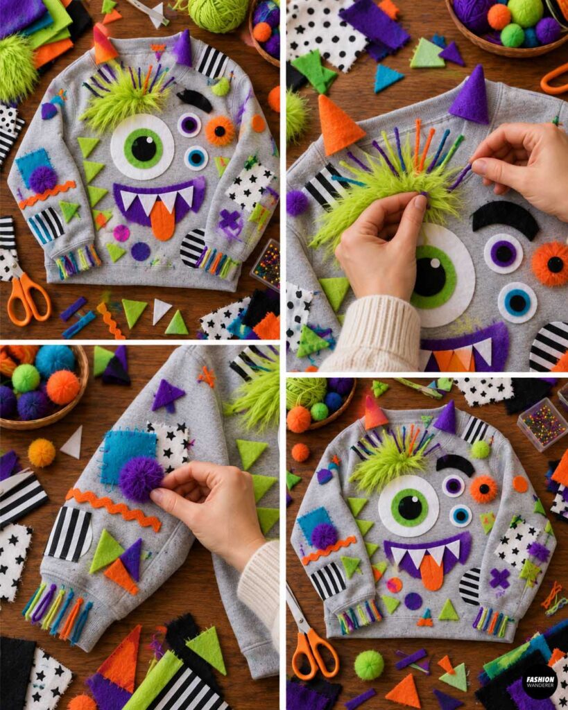 Nearly finished DIY monster sweatshirt decorated with oversized felt eyes, teeth, horns, colorful spikes, faux fur, yarn accents, pom-poms, stripes, patches, and other fabric scraps for a playful Halloween costume.