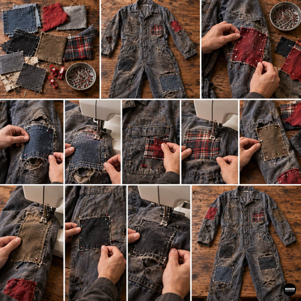 Collage showing assorted red, plaid, denim, gray, and brown fabric scraps pinned and sewn over distressed areas of a mechanic jumpsuit for a patched zombie Halloween costume.