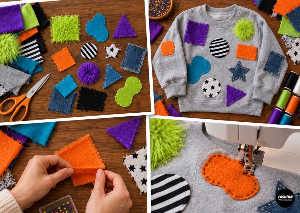Colorful fabric scraps in circles, squares, stars, stripes, and irregular shapes are arranged on the sweatshirt sleeves and body, then stitched in place for a playful patchwork monster look.