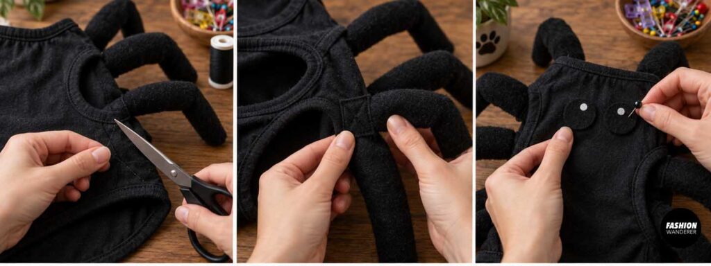 Collage showing final adjustments to a DIY dog spider costume, including trimming loose threads, shaping the stuffed spider legs, and adding simple decorative eyes to the black costume.