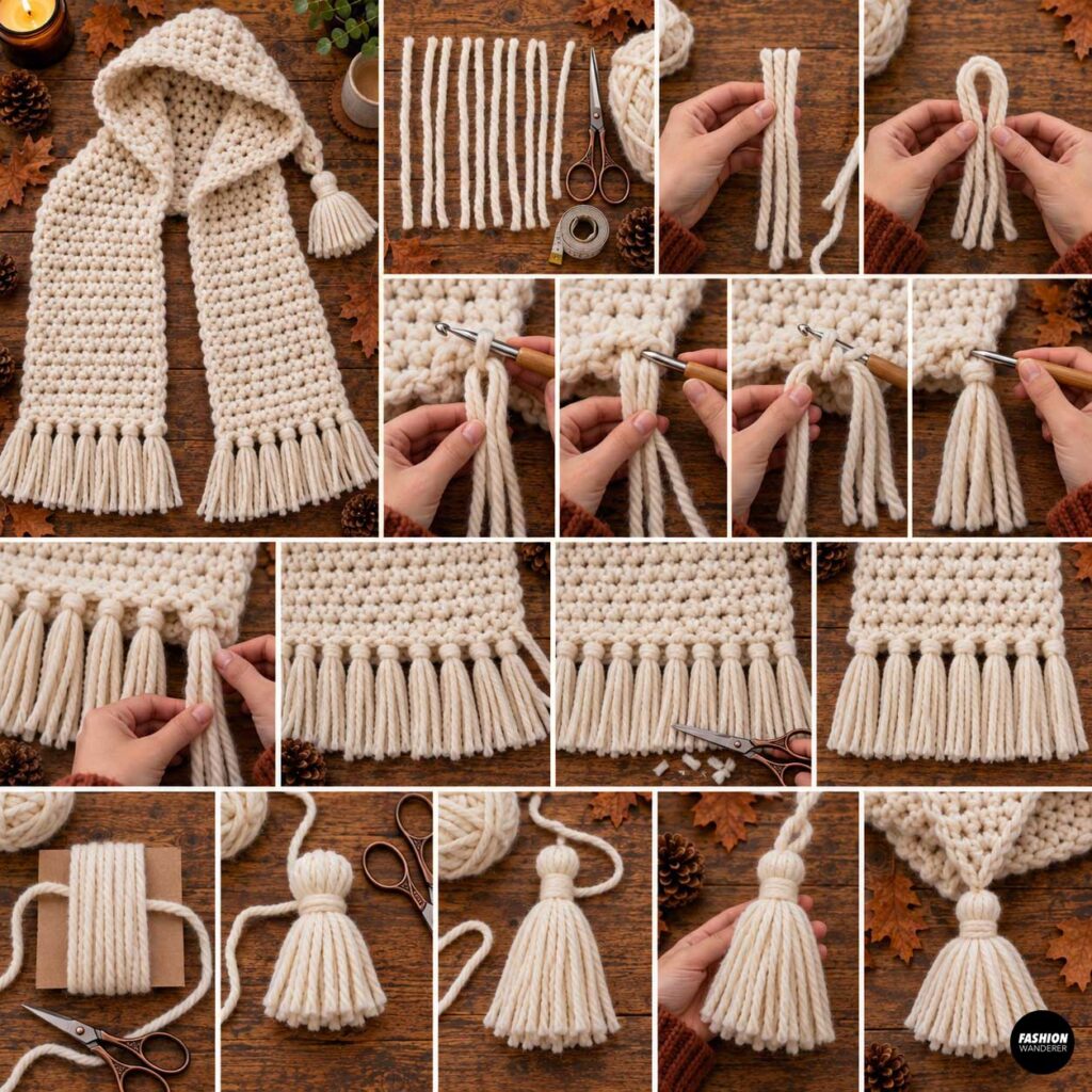 Step-by-step tutorial showing how to cut, fold, attach, and trim cream yarn fringe and make an optional chunky yarn tassel for a crochet hooded scarf.