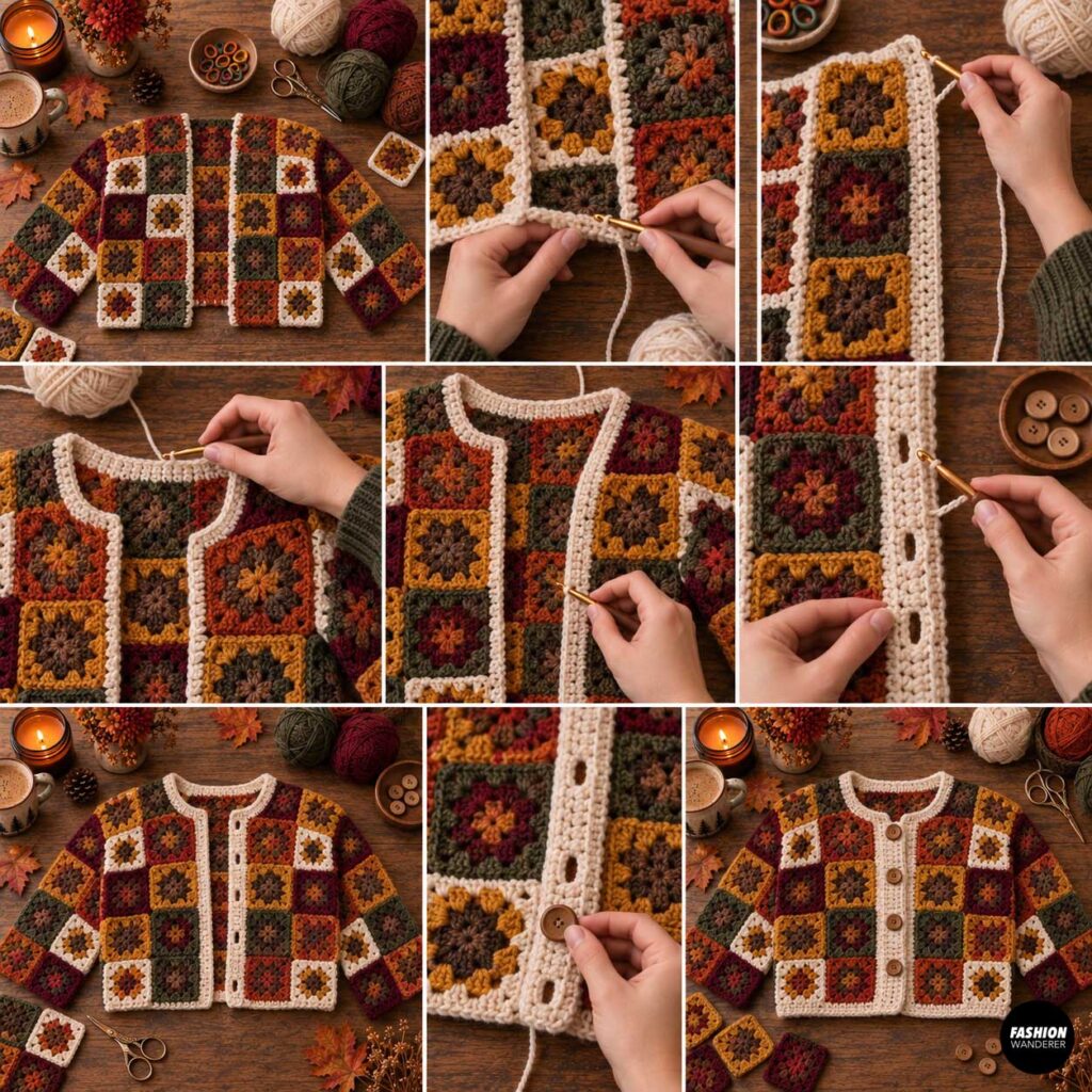 Crochet granny square cardigan tutorial collage showing cream edging worked around the front opening and neckline, buttonholes added to the front band, and finished buttons attached.
