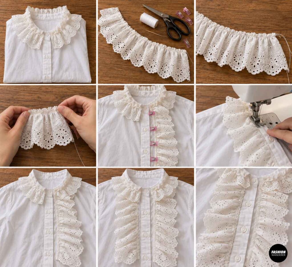 Gathered white eyelet lace being pinned and sewn vertically along the button placket to create a dramatic front ruffle on a Victorian blouse.