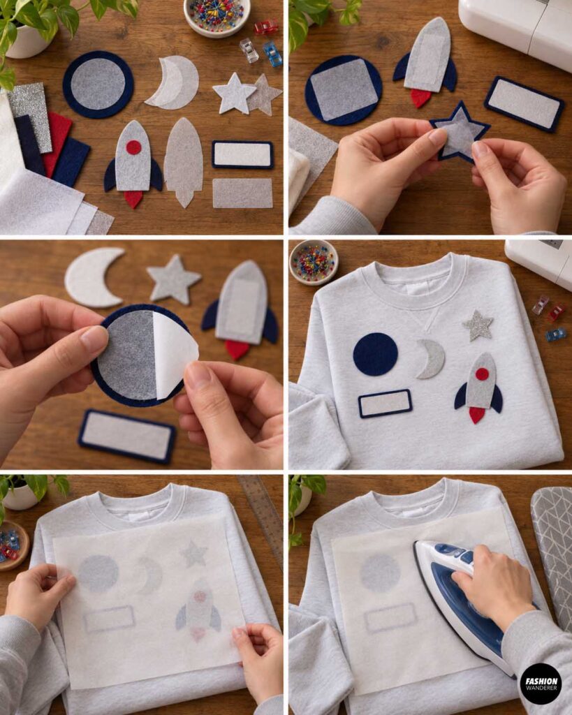 Felt planet, moon, star, rocket, and name patch pieces are backed with fusible web, arranged on the white sweatshirt, covered with a pressing sheet, and ironed to secure them before stitching.
