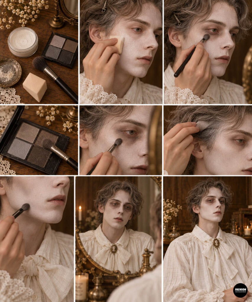 Victorian ghost makeup tutorial showing pale face powder applied with a sponge, gray and brown eyeshadow blended around the eyes and cheekbones, and the finished ghostly makeup paired with a ruffled white blouse and cameo cravat.
