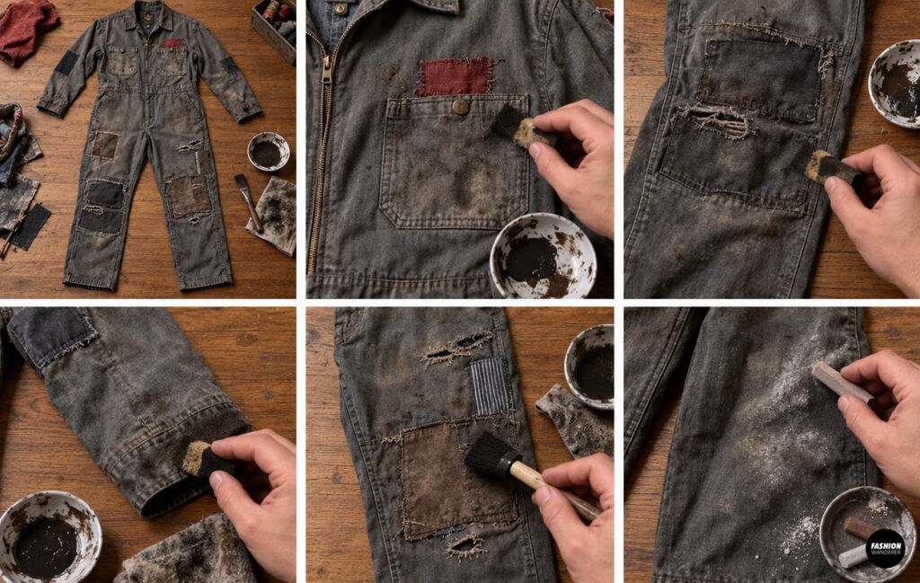 DIY zombie mechanic jumpsuit being weathered with dark fabric paint, sponge marks, and chalk to create realistic grease, dirt, and garage stains.