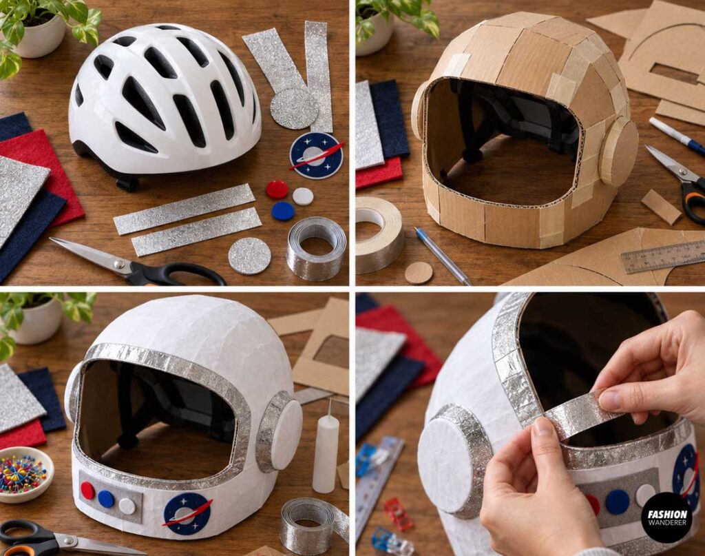 Four-step DIY astronaut helmet tutorial showing a white bike helmet, cardboard helmet construction, white-and-silver finished helmet, and reflective silver trim being added around the face opening.