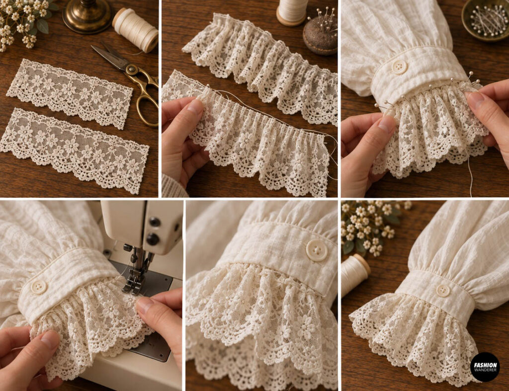 Cream lace strips gathered into ruffles, pinned beneath a white shirt cuff, and machine stitched to create dramatic Victorian lace sleeve cuffs.