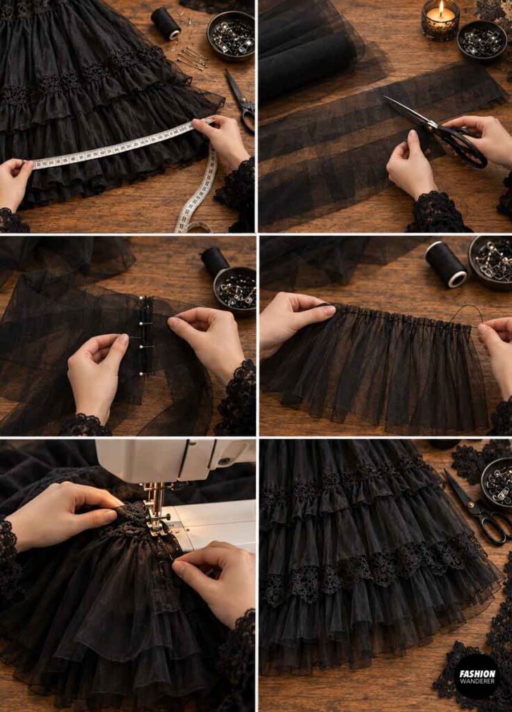 Black tulle being measured, cut, gathered, and sewn beneath a ruffled gothic dress skirt to create extra volume and layered texture.