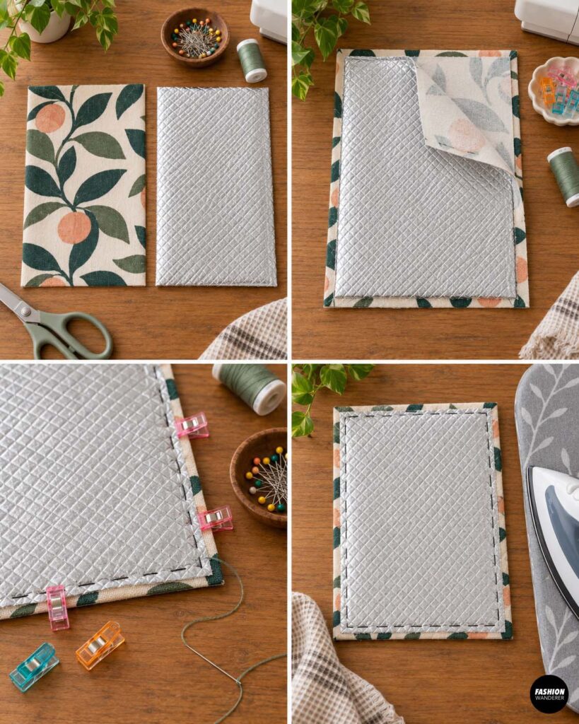 Collage showing insulated batting layered and clipped to the wrong side of citrus print exterior fabric, then stitched around the edges for a DIY insulated lunch bag.