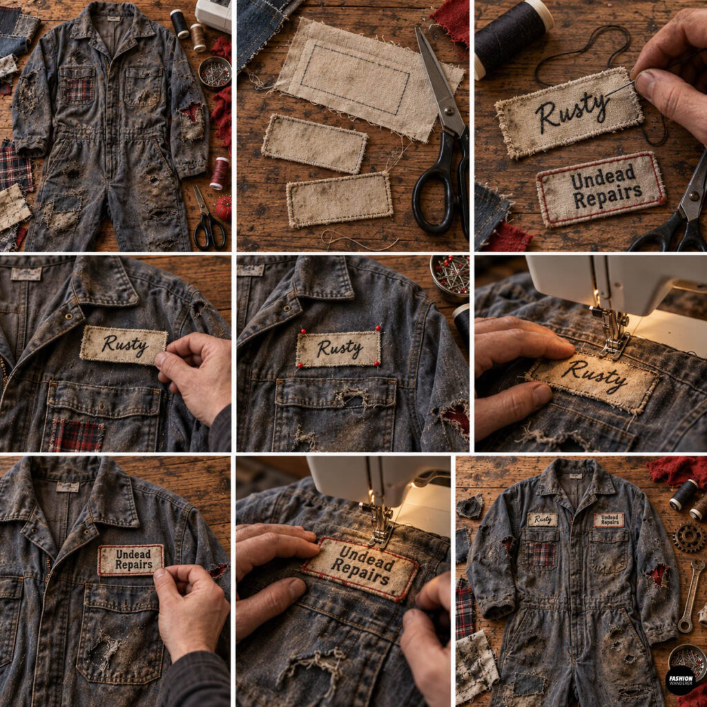 DIY mechanic costume tutorial showing handmade fabric name patches labeled Rusty and Undead Repairs being pinned and sewn onto the chest of a distressed jumpsuit.