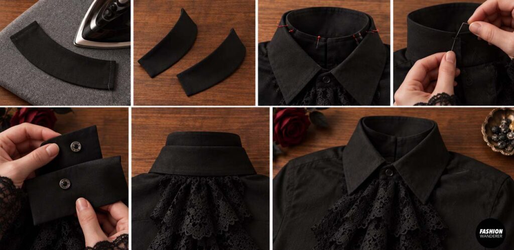 DIY stand-up vampire collar tutorial showing curved black fabric collar pieces pressed, sewn, pinned around the neckline, and attached behind the original shirt collar.