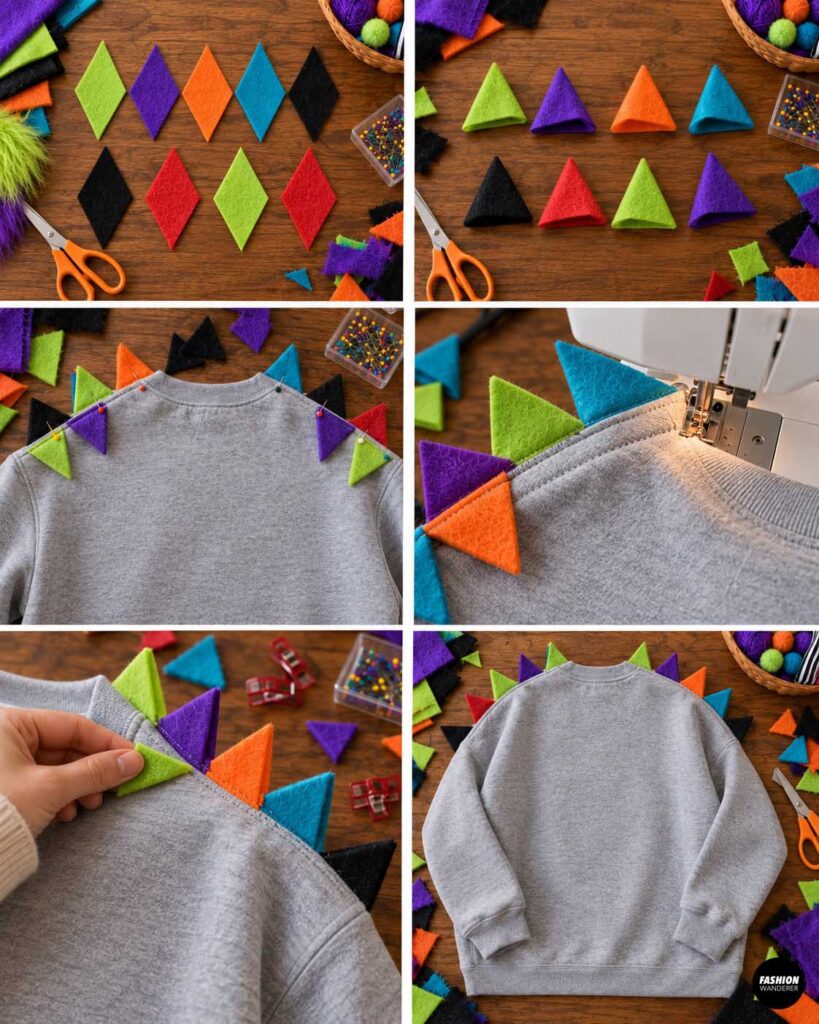 Bright felt diamond shapes are folded into colorful triangular spikes, pinned along the back shoulder and neckline area of the gray sweatshirt, and sewn in place.