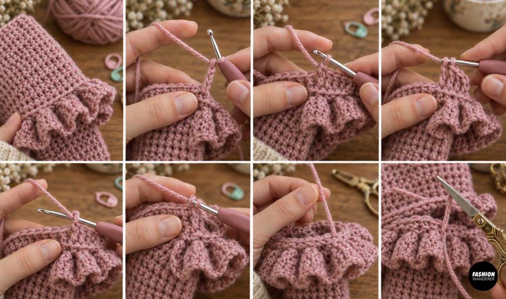 Close-up crochet tutorial showing an additional round being worked into the pink ruffle cuff to create a fuller, more dramatic finish.