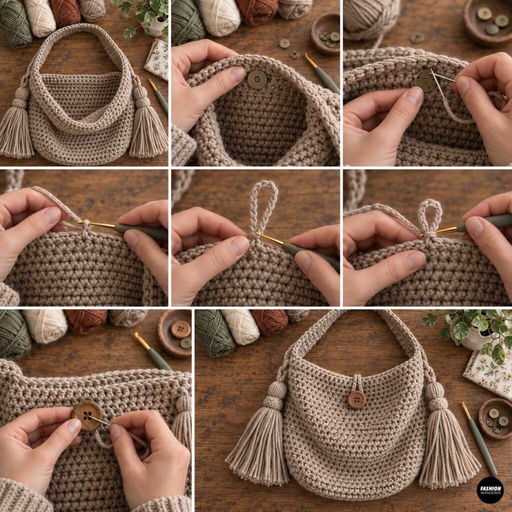 Crochet bag tutorial showing optional magnetic snap, crochet loop, and wooden button closures added to a beige slouchy shoulder bag.