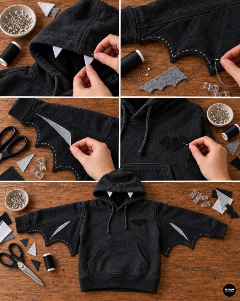 Collage showing a black DIY bat hoodie decorated with small white felt fangs inside the hood, gray accent pieces on the bat wings, and a small black bat appliqu&eacute; hand sewn onto the chest.