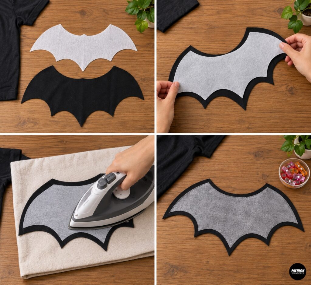 Collage showing fusible interfacing cut in a bat wing shape, positioned inside black fabric, and pressed with an iron to add structure to DIY costume wings.