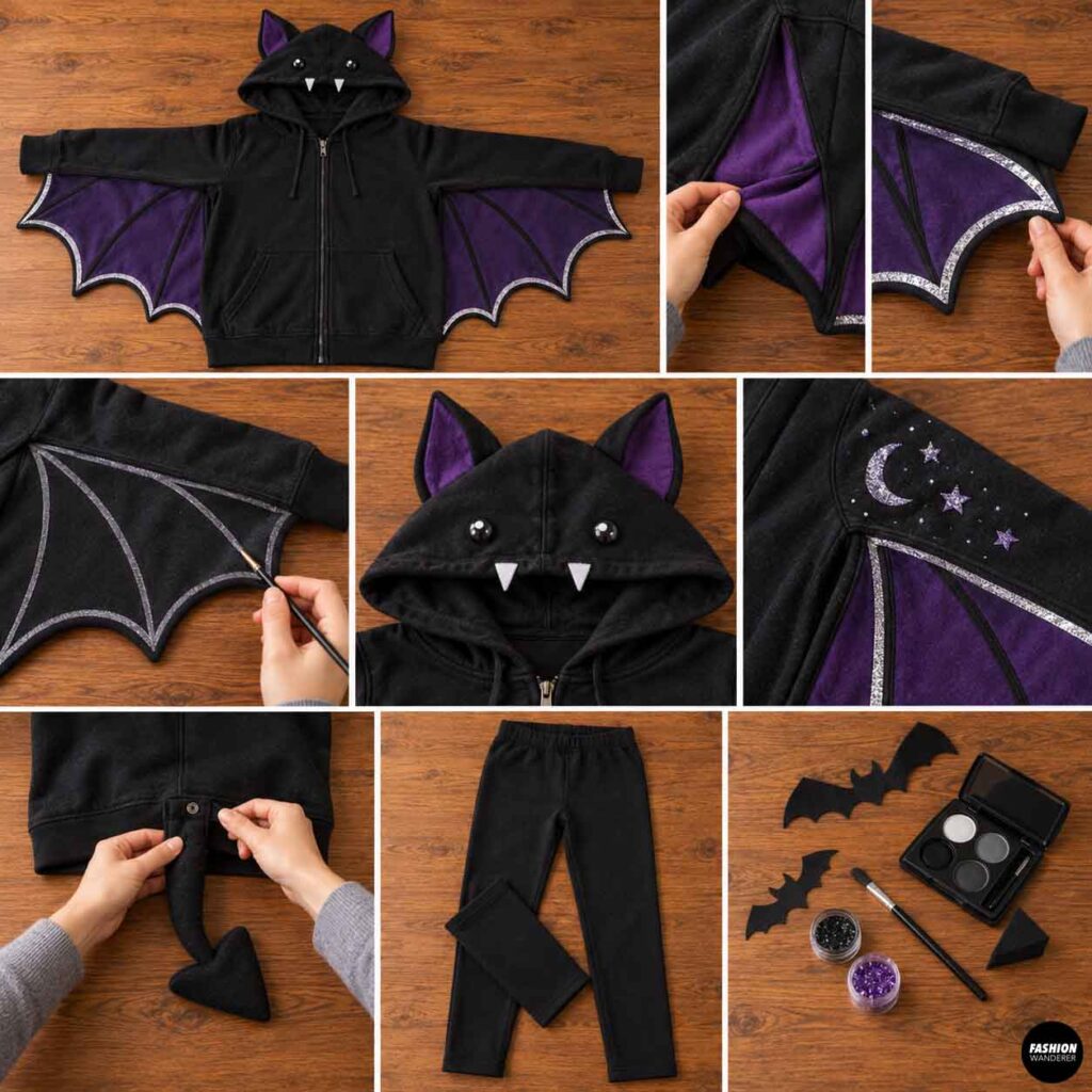 Collage showing optional DIY bat costume details including purple wing lining, silver trim, painted wing lines, bat ears, hood eyes and fangs, decorative moon and stars, a detachable tail, black leggings, and Halloween embellishments.