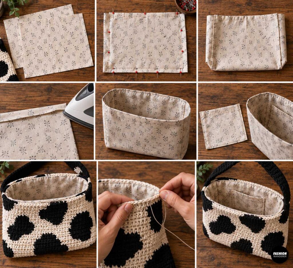 Step-by-step collage showing floral cotton fabric cut, sewn, pressed, and hand stitched inside a black and cream cow print crochet shoulder bag with an optional pocket.