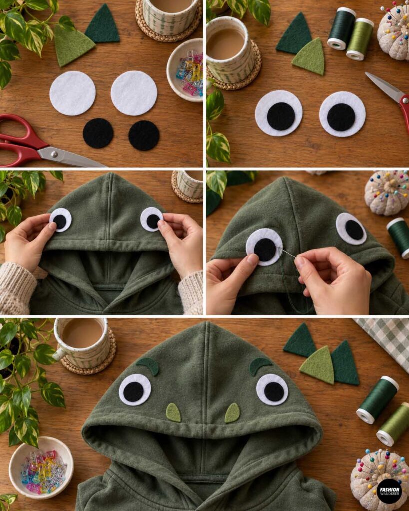 White and black felt circles are layered into large cartoon eyes, positioned on both sides of the hood, hand sewn in place, and finished with small felt eyebrow and nostril details.