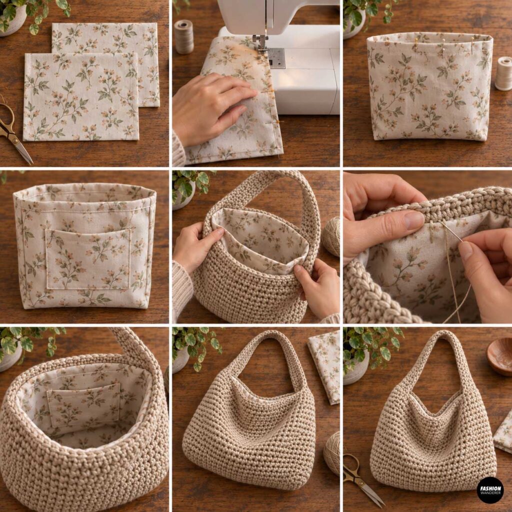 Step-by-step collage showing floral fabric sewn into a lining and hand stitched inside a beige slouchy crochet shoulder bag.