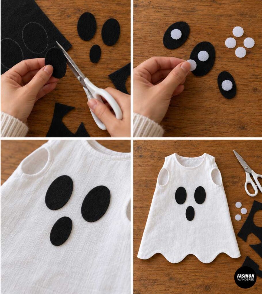 Collage showing black felt oval eyes and a mouth being cut and arranged on the front of a white dog ghost costume for a simple spooky face.
