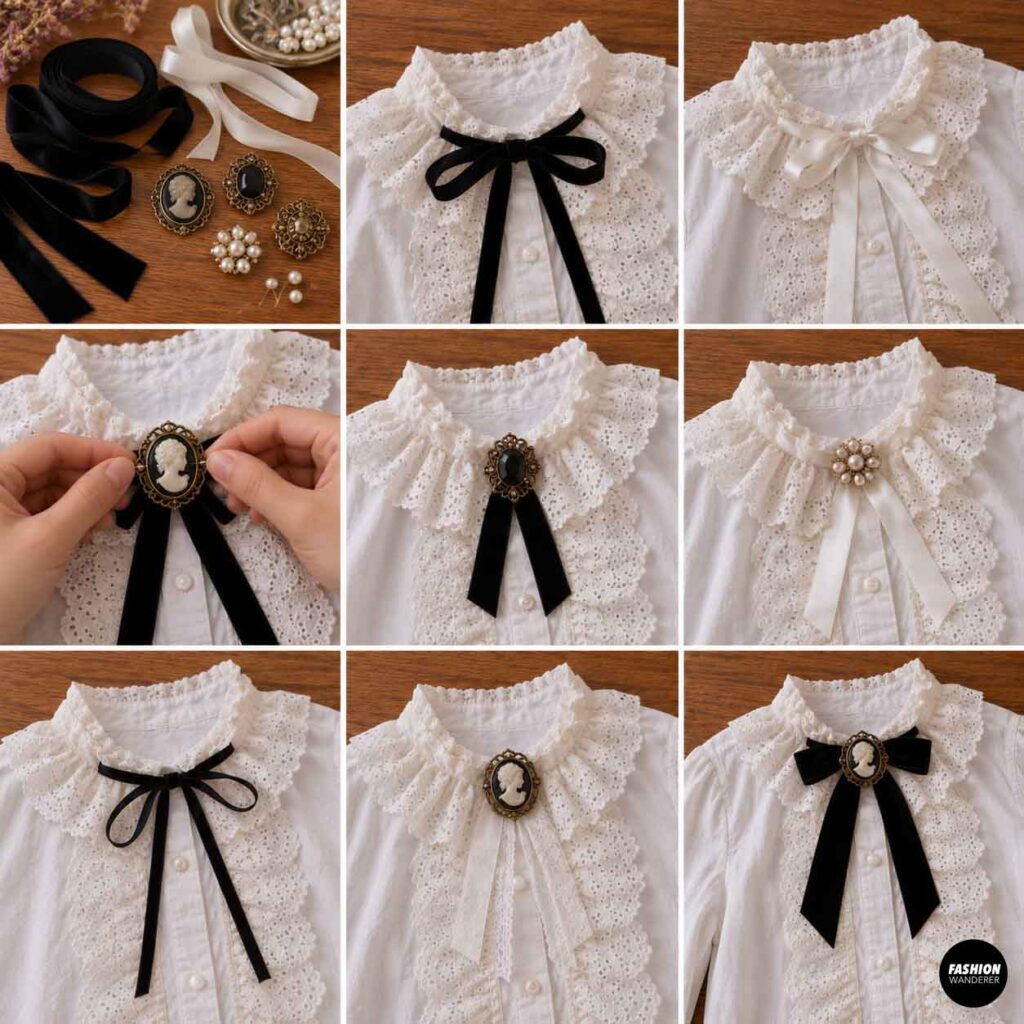 Victorian blouse neckline styled with black and ivory ribbon bows, cameo brooches, pearl embellishments, and vintage-inspired accessories.