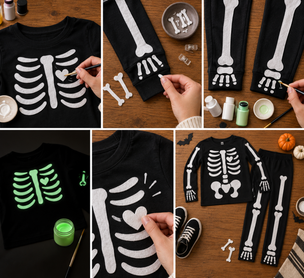 Collage showing extra DIY skeleton costume details being added to black pajamas, including painted glow-in-the-dark bones, hand and foot bones, and a small heart accent on the rib cage.