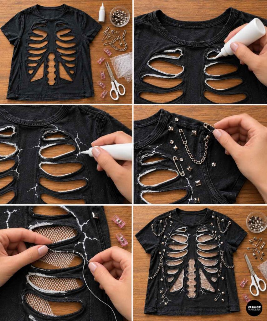 Black skeleton cutout T-shirt being decorated with white fabric paint, mesh, safety pins, metal studs, and chains for an edgy Halloween look.